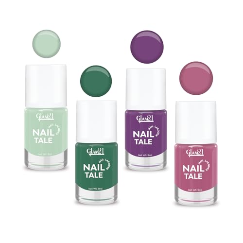 Image of Glam21 Nail Tale- Nail Lacquer | Multicolor|Quick Drying Nail Polish| Glossy Gel Finish Nail Kit | Highly Pigmented & Long Lasting | Chip Resistance | 9ml Each| Pack Of 4 (Shade-33-34-35-36)