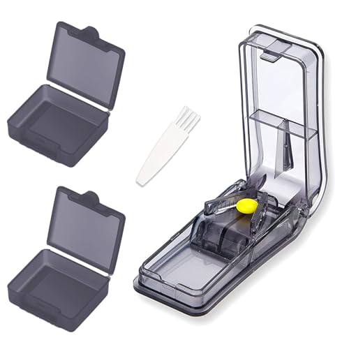 IZyufan Coupe-Comprimé avec 2 Pilulier, Séparateur de Comprimés pour Couper et Écraser Petits et Gros Cachets avec Compartiment De Rangement pour Pilules, 2 Fois par Jour (Noir)