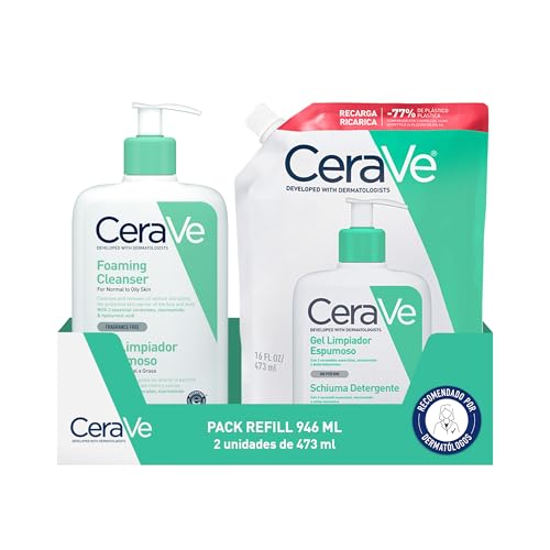 CeraVe Gel Limpiador Espumoso y Recarga, 946ml — Limpia en profundidad el rostro y el cuerpo sin resecar y ayuda a mantener la hidratación con niacinamida, ácido hialurónico y 3 ceramidas esenciales.