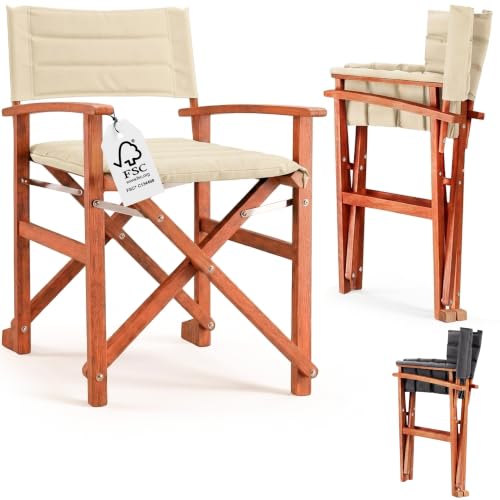 CASARIA® Silla de Director Plegable Premium Madera de Eucalipto Certificación FSC® Acolchada con Reposabrazos Funda Lavable Comodidad Asiento Exterior Jardín Balcón Carga hasta 160 kg