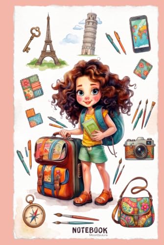 Cute Traveler Girl Lined Notebook: Coral Pink 6x9 Inches 120 Pages Journal for Girls, Teens & Kids, Travel Journal, Aesthetic School Supplies & Journaling Gift image 2