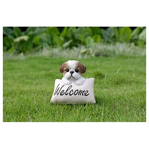 HiLine Gift Ltd. Shi Tzu Puppy with Welcome Sign- Brown& White Statue