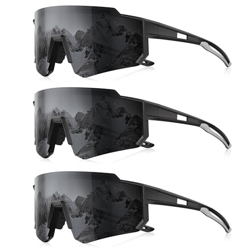 3 Pack Polarized Sunglasses for Men Women, Sports Mens Sunglasses with UV Protection for Baseball Cycling Running B02-black Gray/Black Gray/Black Gray