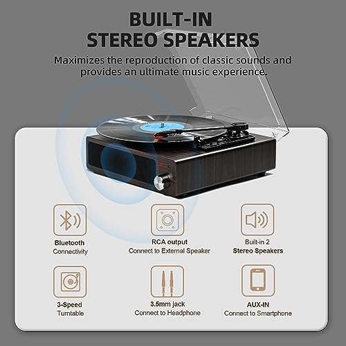 Giradischi Vinile Bluetooth FYDEE - 3 Velocità (33/45/78 RPM), Altoparlanti Incorporati, Design Vintage - Foto 9