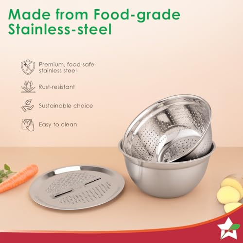 Image of Wonderchef Modena Stainless-Steel Bowl with Strainer, Grater | Multi-Slot Lid for Fine /Coarse Grating | Food-Grade, Non-Corrosive, Sturdy | Anti-Skid | 1-Year Warranty