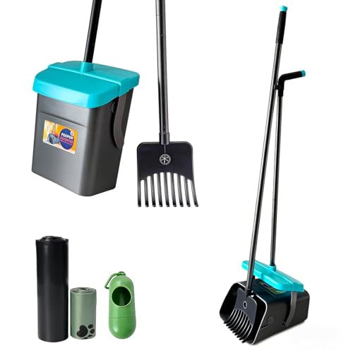 Glowspire 46 Pooper Scooper Swivel Bin & Rake for Large Small Dogs with Bag Attachment Long Handle Poop Scooper with Lid for Yard (Blue)