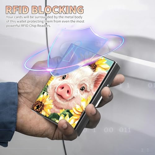 Image of Slim Credit Card Holder, Pig Sunflowers RFID Blocking Metal Wallet for Men & Women, Aluminum Minimalist Hard Case Pocket-Sized Business Cards Organizer (Fits Up to 10 Cards)