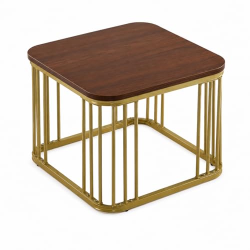 Image of Square Nesting Table Set of 2 - Marble MDF Top Coffee & Side Tables with Iron Frame for Living Room, Bedroom & Home Decor (Gold & Brown, L-51x48 cm, S-41x41 cm)