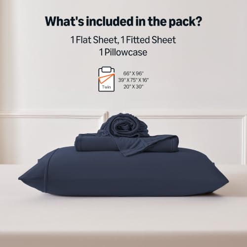 Image of Amazon Basics Jersey Knit 3-Piece Sheet Set, Wrinkle Resistant and Easy Fit, Includes 16 inch Deep Pocket Fitted Sheet, 1 Flat Sheet and 1 Pillowcase, Twin, Navy Blue