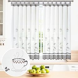 Cortinas Hechas BOD HOME, 2 Piezas, Cortinas Blancas Translúcidas con Trabillas. Cortinas para Cocina, Diseños de Frutas y Tazas con Acabado de Color. Cortina Media Altura Hecha de Poliéster, 100x150cm (AnchoxAlto)