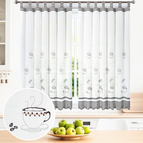 BOD HOME, 2 Piezas, Cortinas Blancas Translúcidas con Trabillas. Cortinas para Cocina, Diseños de Frutas y Tazas con Acabado de Color. Cortina Media Altura Hecha de Poliéster, 150x150cm (AnchoxAlto)