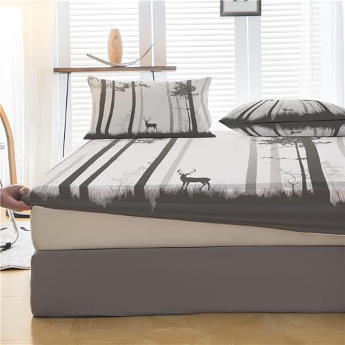 Drap housse 140x200 bonnet 30 cm gris imprimé forêt et cerf - 4