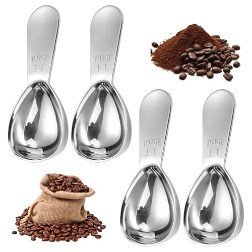 Sxutop 4 Piezas Cucharas de Café con Asas Cortas Cuchara Medidora Mango Ergonómico Cuchara Dosificadora de Acero Inoxidable Cuchara para Café de 15 ml para Café Té Duelto Azúcar o Harina(Plata)