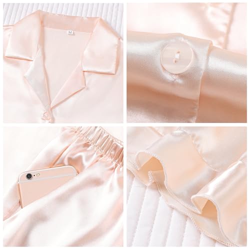 Image of Satin Pajamas Set For Women 2Pcs Ruffled Silk Pj Button Down Pajama Sleepwear Loungewear Summer Nightwear