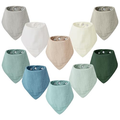 JELLYMONI Muslin Baby Bibs 10 Pack Drool Bibs for Unisex Baby, Soft Absorbent Bandana Bibs Adjustable Snaps Solid Colors Teething Bibs for Newborn Girls & Boys