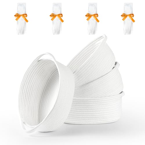 Image of 4-Pack Small Woven Gift Baskets Empty with Bags & Ribbons, Storage Basket for Father's Day for Dad, Baby Shower, Raffle, Birthday, Cute Organizer with Handles, 12 inchx8 inchx5 inch, White