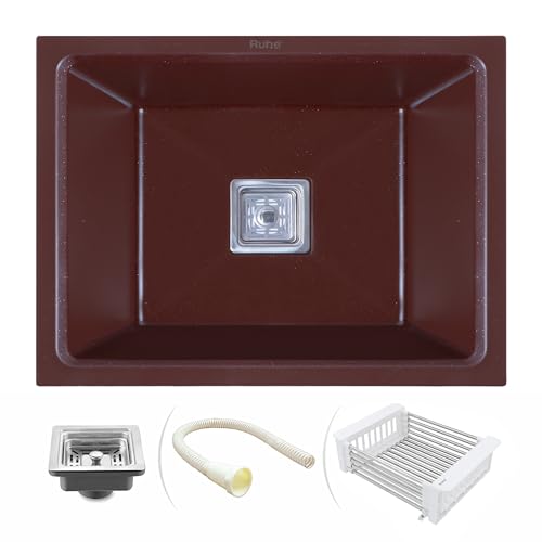 Image of Ruhe Quartz Single Bowl 21X18X9 Inches Matt Kitchen Sink | Choco Brown Non-Fading Colour With Uv Protection | Natural Stone Quartz /Granite Sink With Sink Coupling, Waste Pipe & Strainer Basket