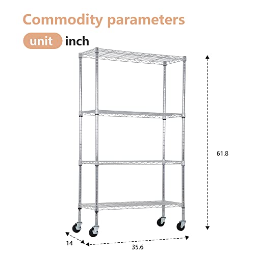 Image of BestOffice | 4-Tier Wire Storage Shelves with Wheels | 36x14x62 | Chrome | Adjustable Racks | Heavy-Duty Metal Shelf, Holds Upto 500 lbs | No-Tool Assembly | Ideal for Home & Garage Shelving