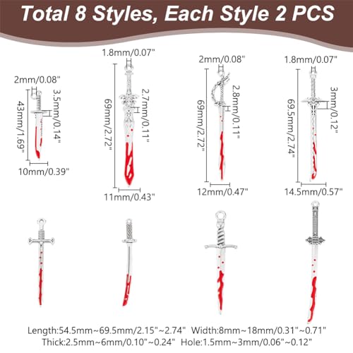 UNICRAFTALE 16Pcs 8 Styles Halloween Alloy Enamel Pendants Punk Earring Charms Anime Figures Decoration Charm for Book Lover Red Sword Charm for DIY Jewelry Making 1.5~3mm Hole - Image 3
