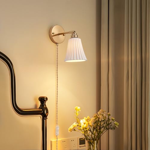 Image of Fetason Plug in Wall Sconces Set of 2, Modern Ceramic Gold Wall Sconce Light with Switch, Vintage Bedside Wall Lamp Light Fixtures for Living Room Bedroom Kitchen Home Office Hallway