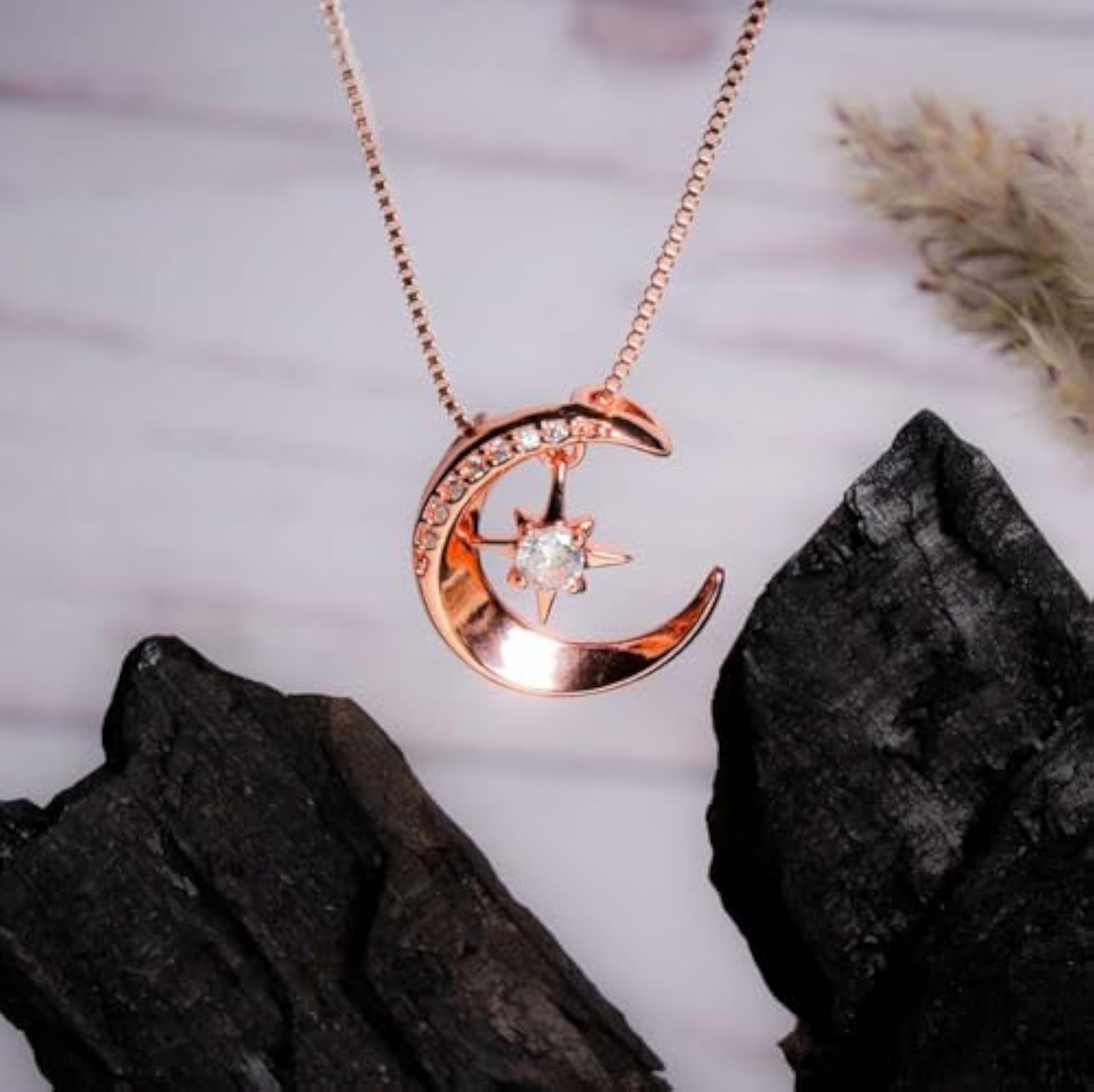 Rose Plated Moon Star Zircon Pendant Necklace