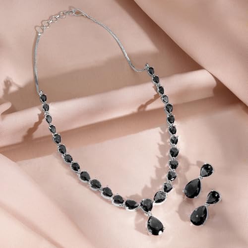 Image of Rubans Necklace Set Rhodium Plated Crystal Studded Jewellery Gift for Women & Girls