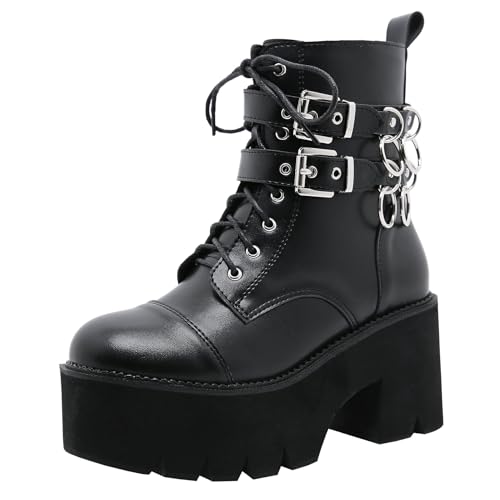Image of Parisuit Womens Goth Patent Ankle Boots Platform Chunky Combat Boots