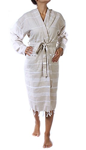Cacala 100% Turkish Cotton Kimono Design Pestemal Unisex Bathrobe, Luxurious Soft Hooded Bathrobes for Men Women, Quick Dry Extra Absorbent Luxury Plush Long Robe Beige Large - Thumbnail 5