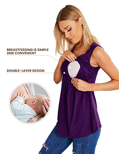 Ekouaer Nursing Tank Tops For Breastfeeding Maternity Tops Double Layer Sleeveless Pregnancy Shirt（Grey+Amy Green+Purple） #TOP1