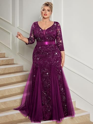 MISSMAY Women's Plus Size Double V-Neck Sequin Lace Tulle Mermaid Evening Wedding Formal Dress for Curvy Women4