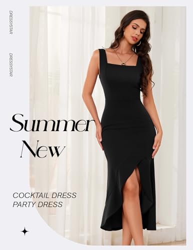Dressystar Women’s Square Neck Midi Bodycon Cocktail Dress 2025 Fall Sleeveless Slit Ruffle Formal Wedding Guest Dresses2