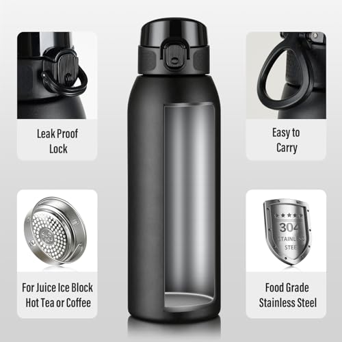 Image of Insulated Water Bottle 24 oz with Dustproof Lid, Carry Handle & Tea Infuser, BPA-Free & Leakproof, Stainless Steel Water Bottles Ideal for Fitness, Hiking, Office & Outdoor Use (Black)