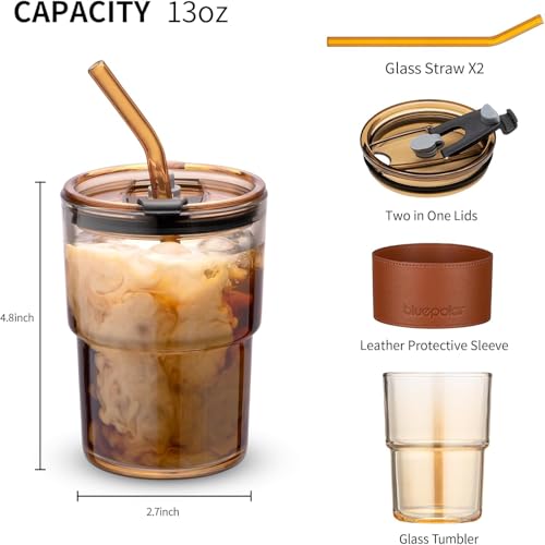 Image of Kamvy Glass Tumbler with Lids and Straw Pack of 1, Elegant Coffee Sipper Bottle with Leather Sleeve,Glass Drinking Cup Mason for Iced Tea, Juice, Cocktail, Cold & Hot Drinks Mug 450ml (Amber)