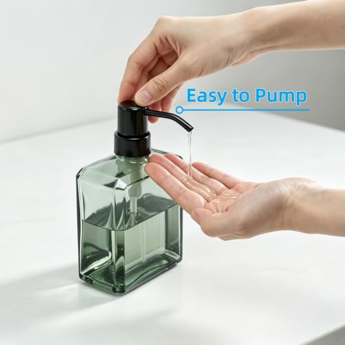 Image of Green Soap Dispenser Glass Rectangular, Black Pump, 13.5 oz | Rust Proof Stainless Steel Pump, Refillable, Hand Soap, Liquild Soap, Dish Soap, Bathroom, Kitchen