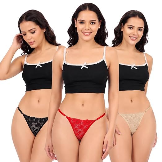 Women's Thongs Panty Pack of 3 | Seamless Stretch Bikini Underwear | Soft Breathable Fabric | Mid Rise Comfortable Everyday Innerwear | Black Red Beige-image-19