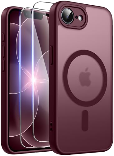 Qasyfanc Magnetic for iPhone 17e Case/iPhone 16e Case with 2 Tempered Glass Screen Protector Compatible with MagSafe Full Camera Protection Shockproof Translucent Matte Phone Case Wine Red