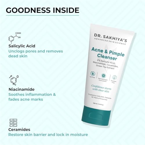 Image of Dr. Sakhiya's Acne & Pimple Face Wash (100ml) for Oily & Acne-Prone Skin | 2% Salicylic Acid Niacinamide | Controls Oil, Reduces Breakouts & Blackheads | Dermatologist Formulated