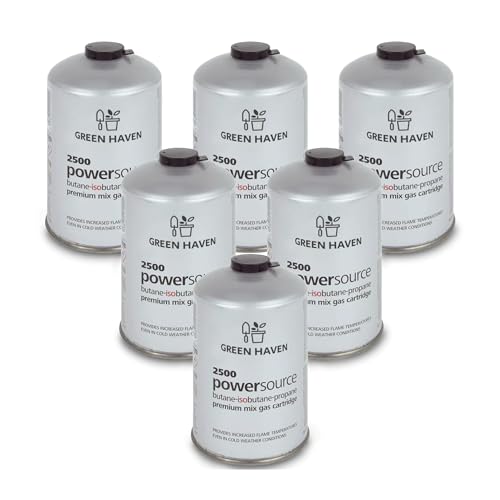 Green Haven Premium 6 Pack C500 Gas Canisters Gas Cartridges for Camping Stoves & More | High Performance Propane-Butane Mix with Resealable Valve Cartridges | EN417 Gas Cartridge