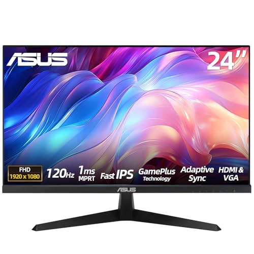 Image of ASUS 24 inch IPS Gaming Office Monitor, FHD 1080P, 120Hz, 1ms, LED Backlight, Adaptive-Sync, Low Blue Light, Eye Care, VESA Mountable, HDMI, VGA, Tilt Adjustment, Black