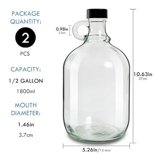 2 Pack 64oz Glass Gallon Growlers with Handle and Black Plastic Lids, Half-Gallon, Gallon Glass Fermenting Jug, 1/2 Gallon Water Jug for Kombucha, Home Brew, Vanilla Extract, Beer, Soda,Cider (Clear)