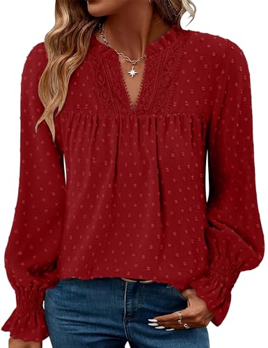 BETTE BOUTIK Women Boho Long Sleeve Shirts Dressy Casual V Neck Fall Fashion Tops Swiss Dot Flowy Blouses