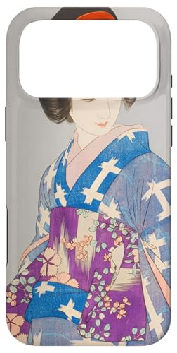 青い着物を着た美しい芸者 日本画 鳥居 言人 帯 美人画 新版画 日本画 スマホケース iPhone 17 Pro Max 用