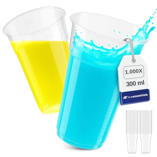 Inoverse Lot de 1000 gobelets en plastique de 0,3 l – Transparent – Gobelets à bière, gobelets en plastique, gobelets de fête, gobelets à eau, gobelets Slush