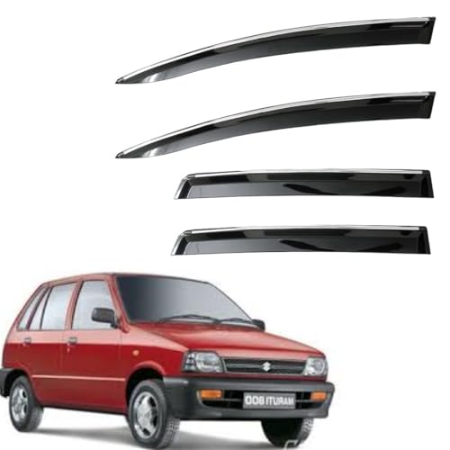 Image of CAR SAAZ Unbreakable Chrome Smoke Door Visor for Car800 | Premium Sun, Rain Wind Deflector Chrome Strip Side Door Rain Visor - Set of 4 Pcs