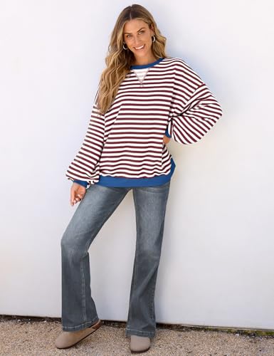 UEU Women's Striped Pullover Tops Long Lantern Sleeve Sweatshirts Soft Loose Crew Neck Y2K Shirts Coffee Striped X-Large
