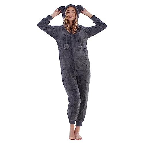 Keanu Womens Thick Snuggle Hooded Onesie - Luxury Warm Fleece Novelty Onesie with Pom Poms - Sizes 8-20 (Charcoal Grey, 12-14)
