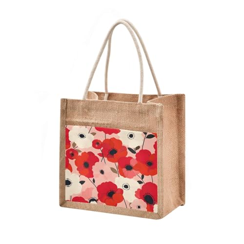 senya Canvas Tote Bag Women Beach Bag Burlap Beach Totes Grocery Shopping Travel Swim Gym Bags 9.8x9.8in Poppy Flowers Softpink Background Pattern