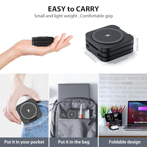 KU XIU X55 Foldable 3 in 1 Charging Station for Apple Devices, 15W Fast Magnetic Wireless Charger, Magent Travel Charger Stand for iPhone 16 15 14 13 12 Series, 5W for Apple Watch, AirPods-Black