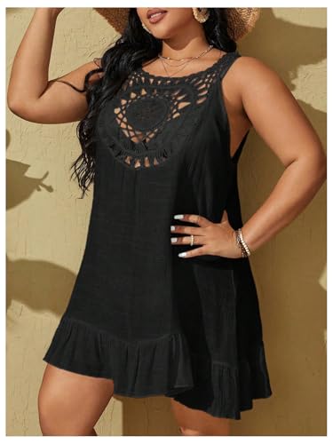 Women's Plus Size Crochet Swimsuit Cover Up Dress Hollow Out Ruffle Hem Bathing Suit Cover Ups Beach Outfits4