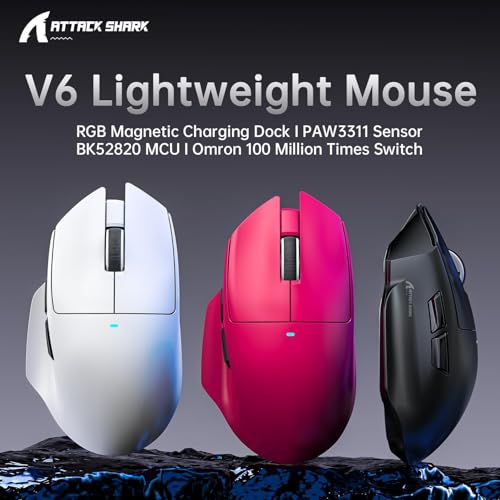 Image of ATTACK SHARK V6 Wireless Gaming Mouse with RGB Charging Dock, 25K DPI PAW3311 Sensor, 1K Polling Tri-Mode PC Mice, 500mAh Battery, Cloud-Based AI Driver for Win /Mac, Red